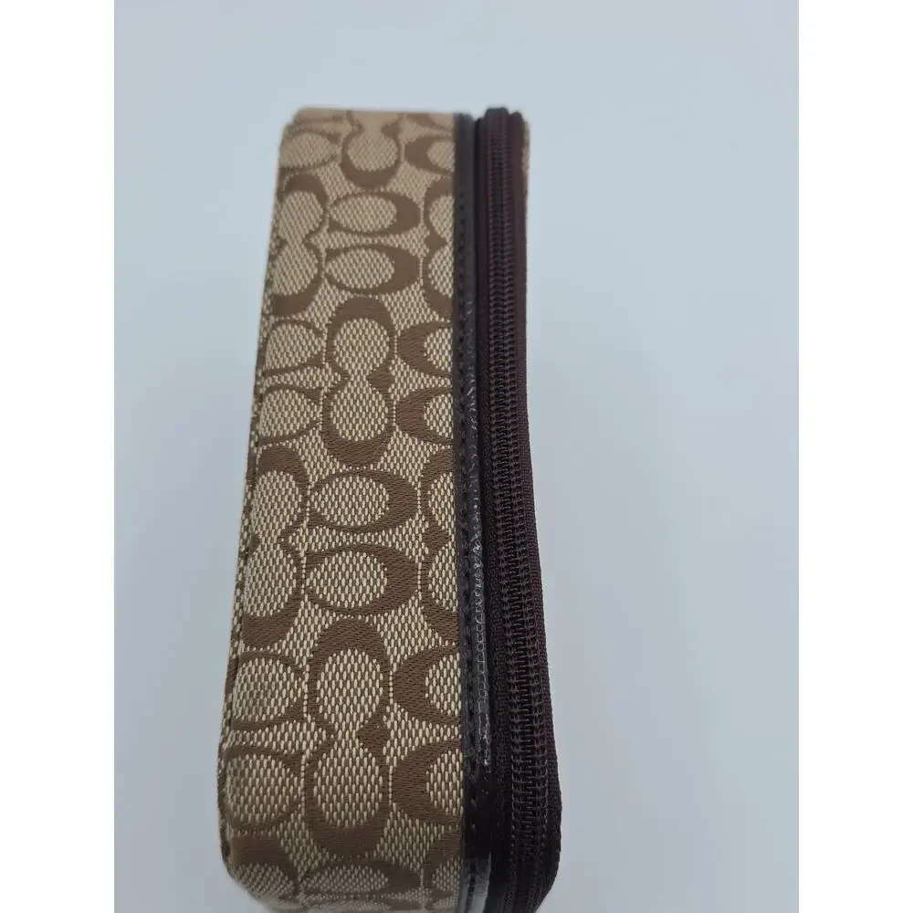 Coach Signature Travel Cosmetic Jewelery Bag Brown Leather Trim Zip Case 6x4 x2